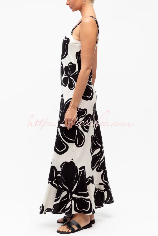 Color-blocked Floral Print Sleeveless Slim-fit Elegant Ruffled Hem Maxi Dress