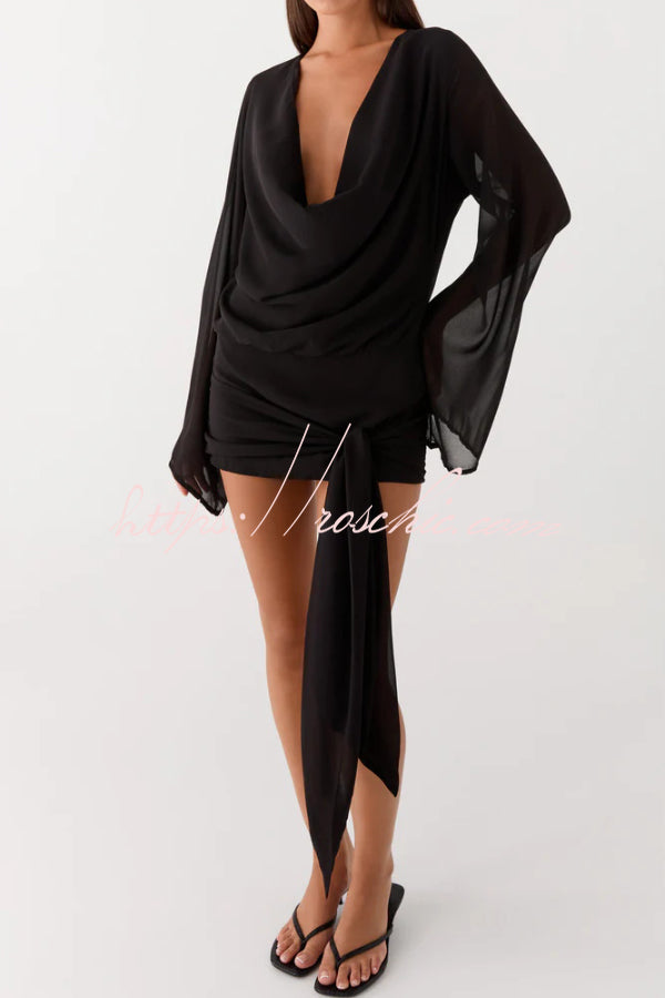 Tie-dye Print V-neck Long-sleeved Ribbon Vacation Mini Dress