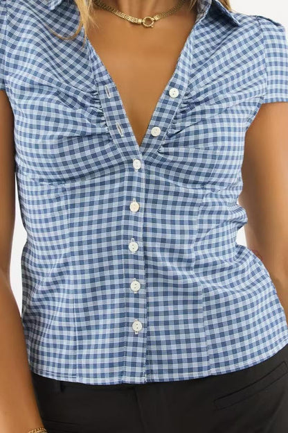 Plaid Short Sleeve Button Down Blouse