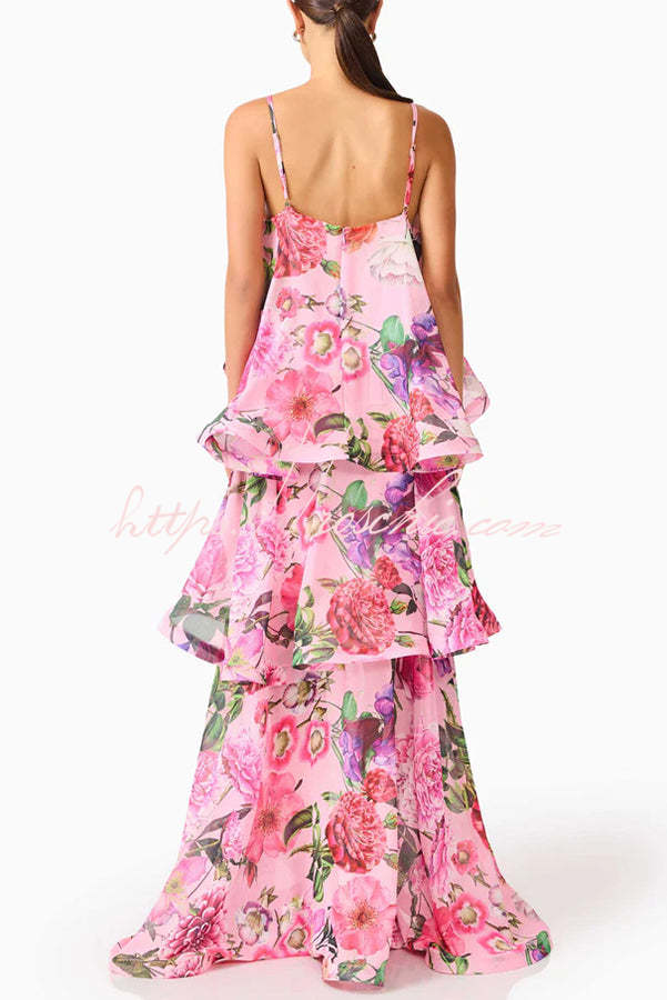 Armani Georgette Fabric Floral Print Tiered Slip Square Neck A-line Maxi Dress
