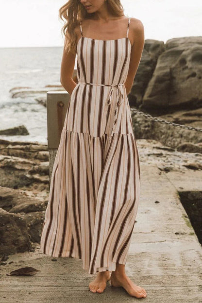 Striped Printed Spaghetti Strap Sleeveless Tie-up Casual Vacation Maxi Dress