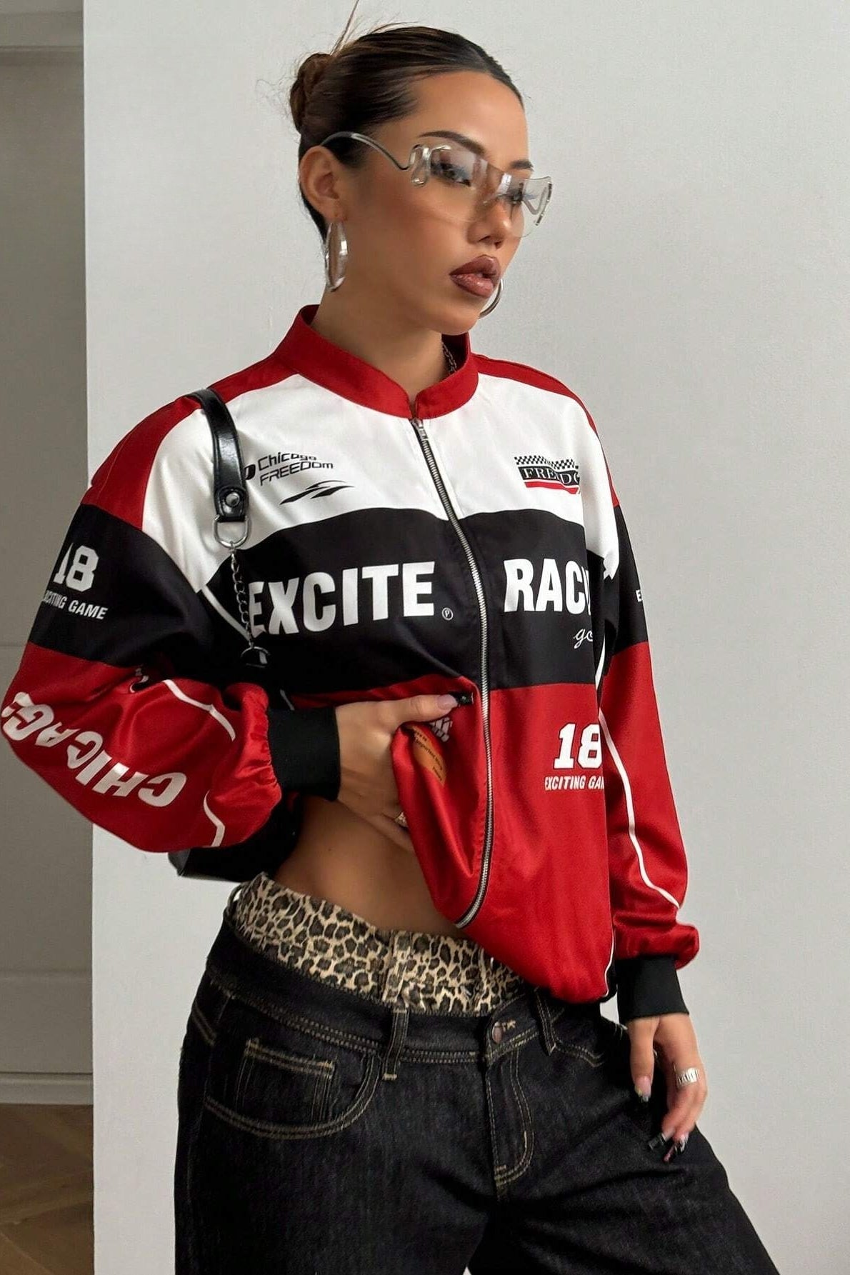 Chaqueta de manga larga estilo motorista color block con diseño de letras