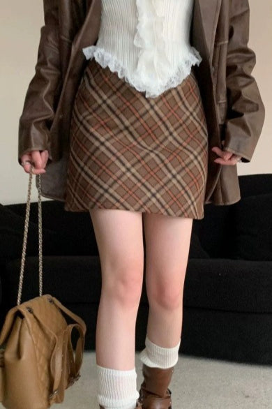 Falda Corta Ajustada de Talle Alto Vintage de Tweed a Cuadros