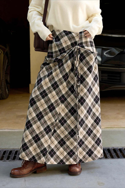 Asymmetric Color Block Plaid Midi Skirt