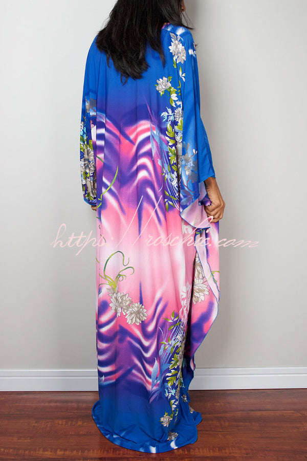 Unique Print Loose V-Neck Batwing Sleeve Casual Maxi Dress