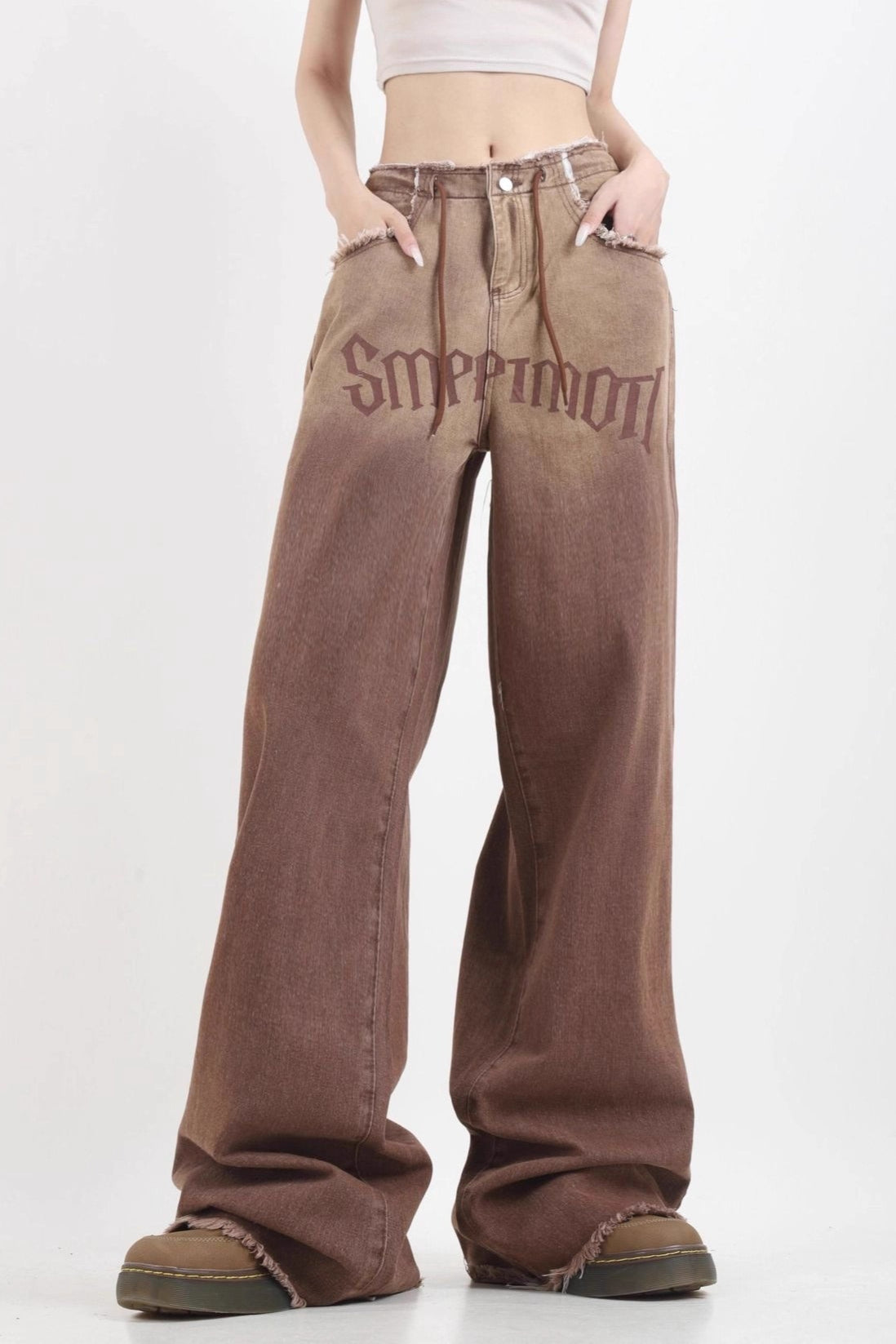 Jeans de pernera ancha deshilachados vintage de cintura alta con degradado