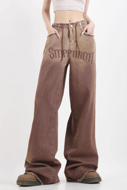 Jeans de pernera ancha deshilachados vintage de cintura alta con degradado