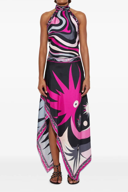 Satin Printed Halter Backless Skirt Set