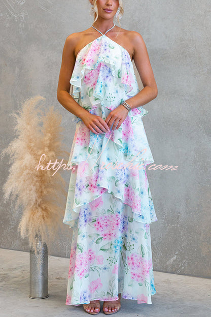 Poetic Eden Chiffon Floral Print Tiered Ruffles Halter A-line Maxi Dress