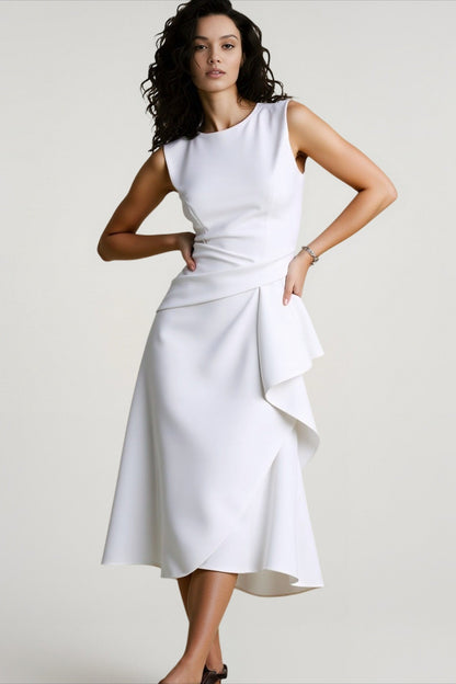 Solid Waisted Sleeveless Asymmetrical Long Work Dress