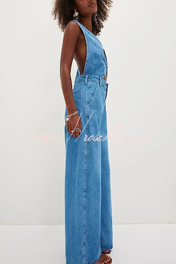 Bold Design Denim Vest-inspired Bodice Crisscross Strap Pocket Loose Jumpsuit