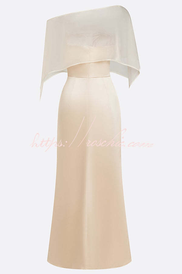 Lucero 3D Floral Satin Boat Neck Short Sleeve Sheath Capelet Gown Maxi Dress