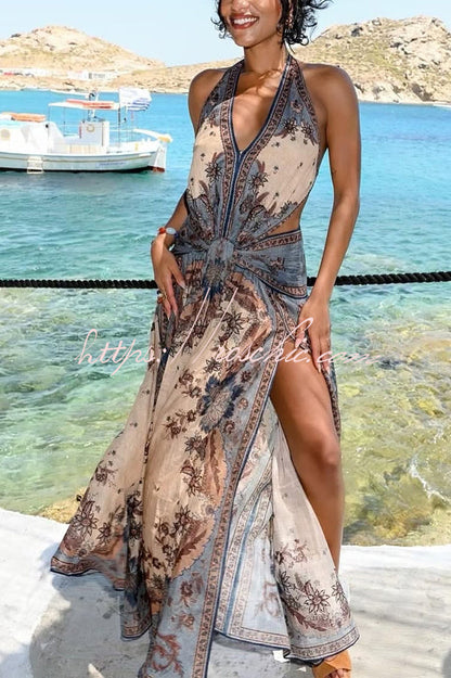 Chapel Linen Blend Floral Print Cutout Tie-up Waist Pocket Halter Backless Maxi Dress
