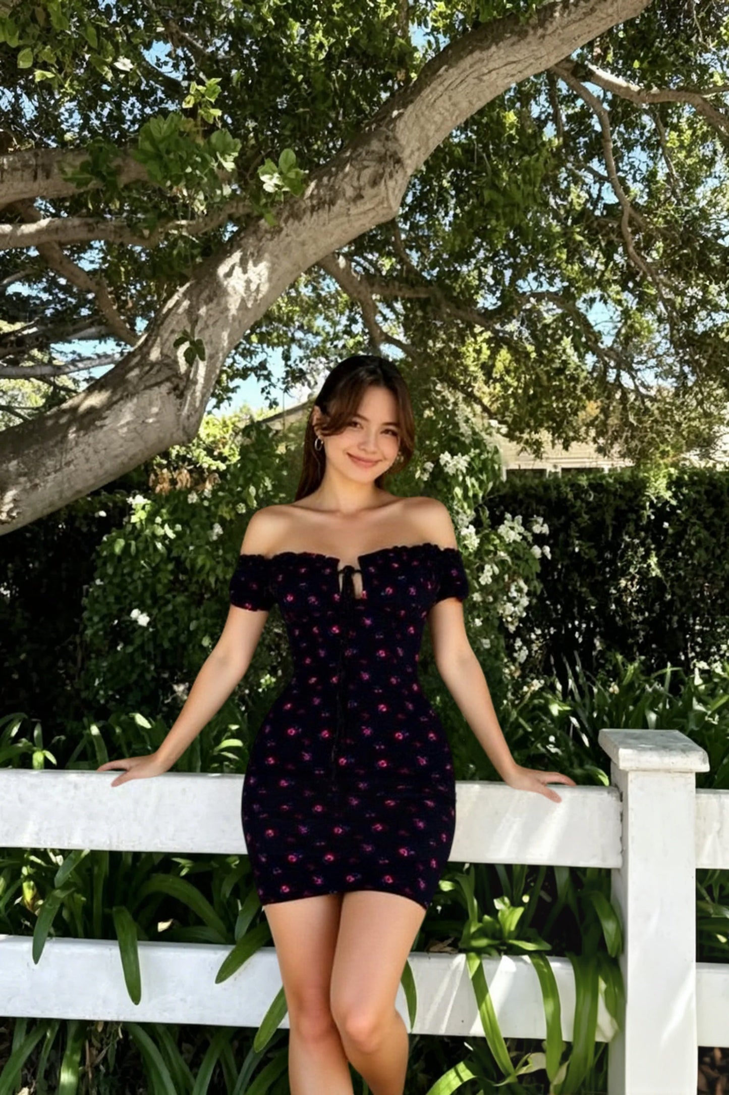 DressBetty - Floral Wrap Off Shoulder Tie Up Front Ruffle Slash Neck Dress