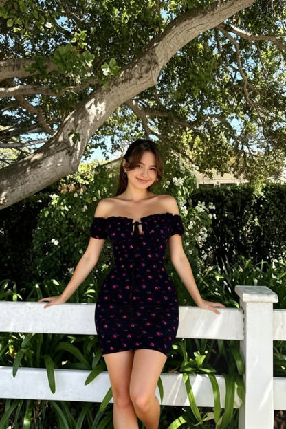 DressBetty - Floral Wrap Off Shoulder Tie Up Front Ruffle Slash Neck Dress