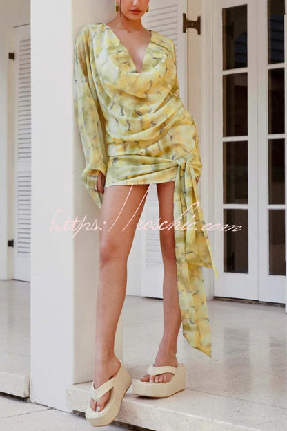 Tie-dye Print V-neck Long-sleeved Ribbon Vacation Mini Dress