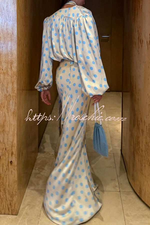Vayla Satin Colorblock Polka Dot Print High Rise Flare Drape Maxi Skirt