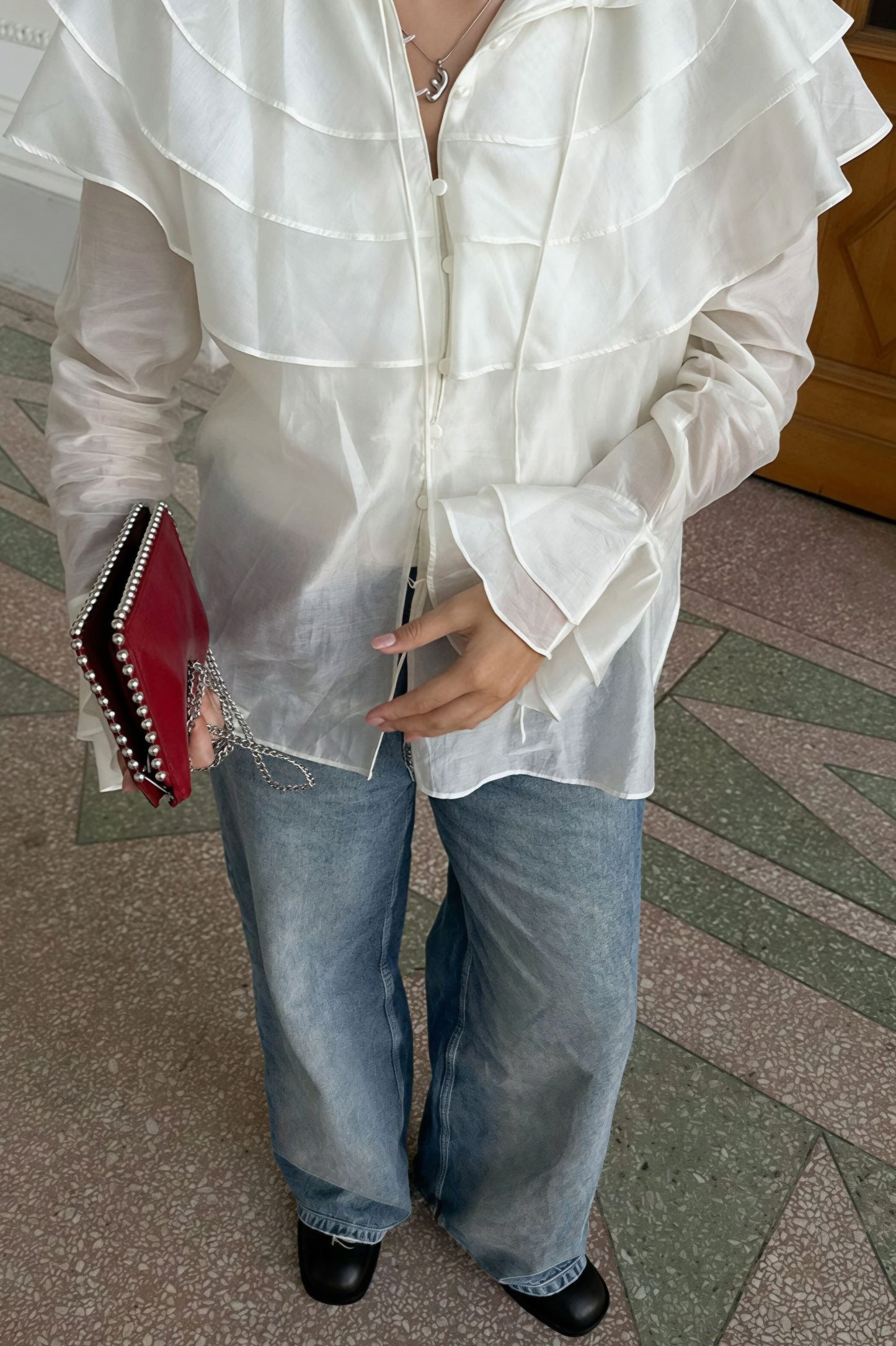 Blusa de chifón Tencel con volantes en las mangas y vuelo