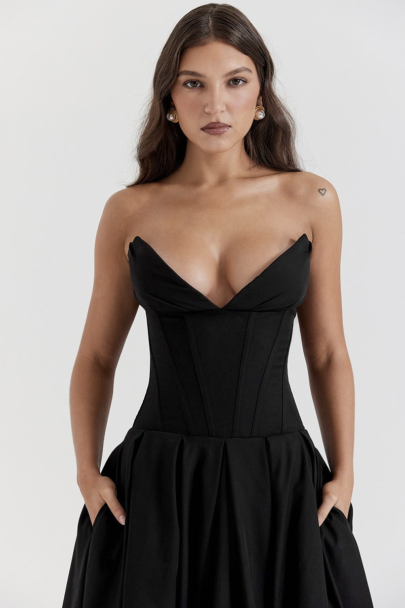 Vestido de fiesta con corsé sin tirantes y corte A