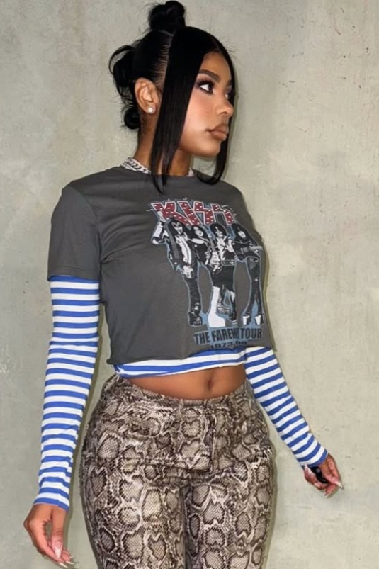 Retro Striped Color Block Print Crew Neck Crop Top