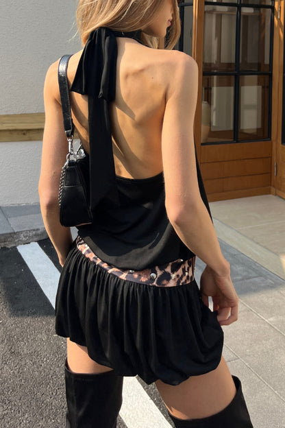 Stylish Halter Neck Backless Leopard Print Patchwork Casual Mini Dress