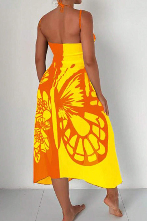 Fashionable Color-blocked Butterfly Print Resort Cover-up Midi Dress