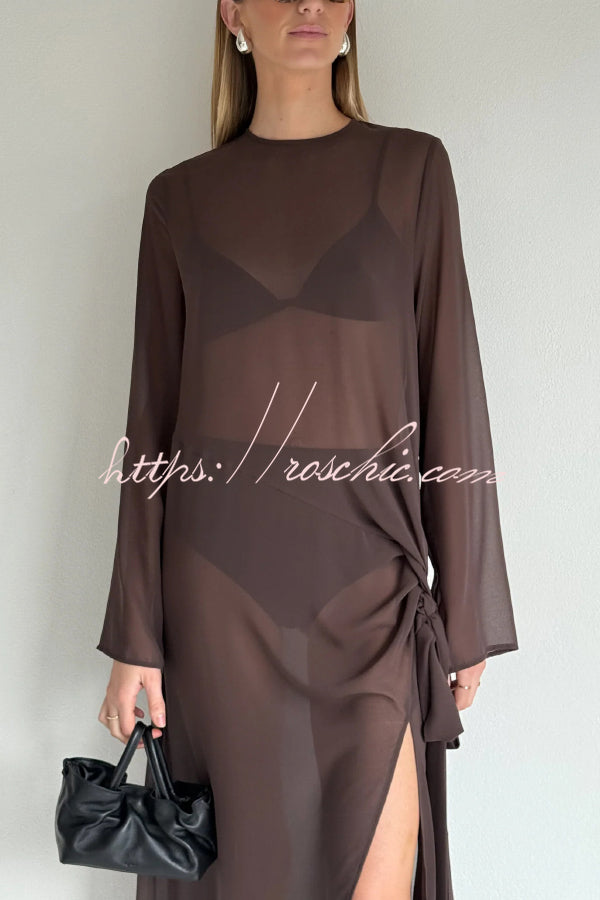 Fashionable Mesh See-through Round Neck Long Sleeve Tie Bow Slit Maxi Dress
