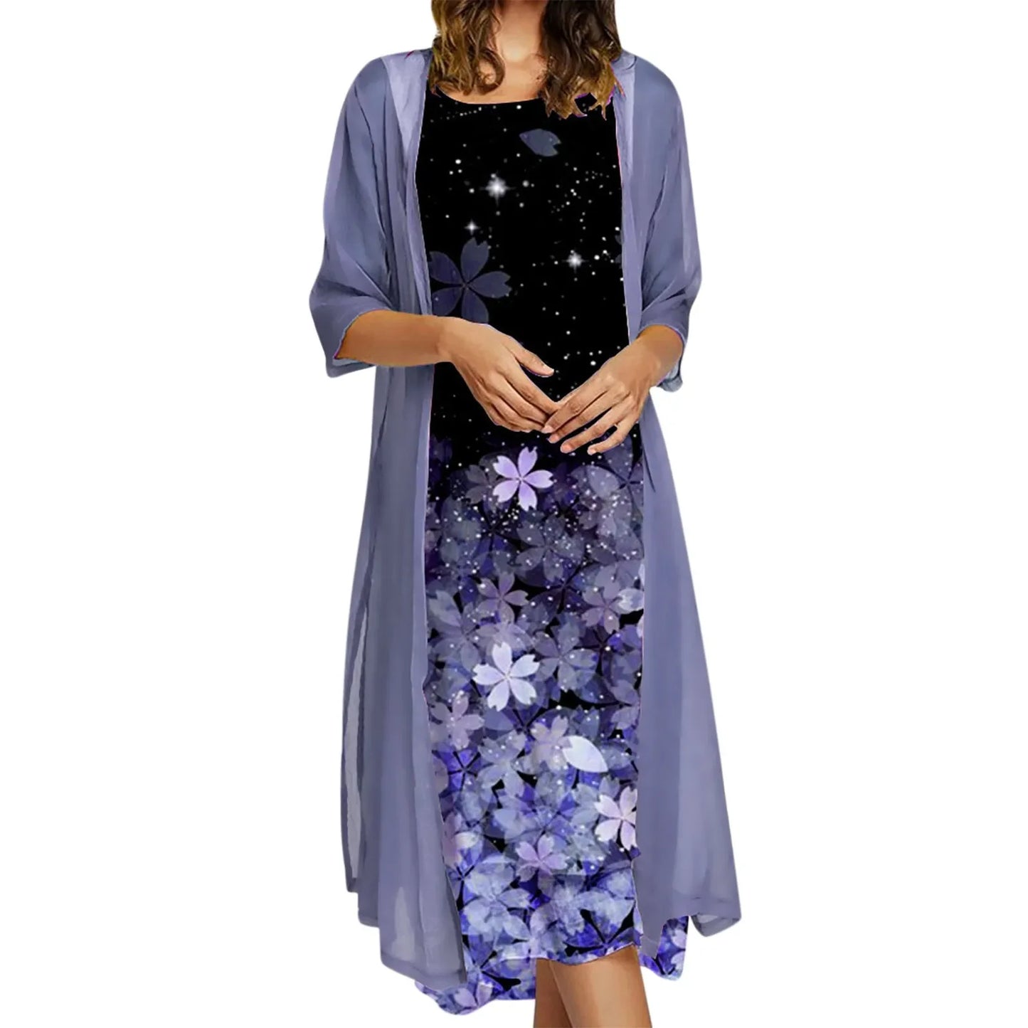 Vintage Kaftan Flower Ink Painting With Cardigan Shawl Sets Tunic Casual Women's Dress