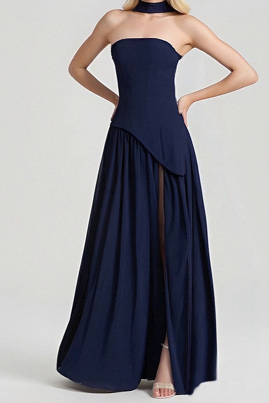 Vestido de Fiesta con Abertura Alta y Corsé Sólido