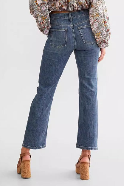 Vintage Distressed Stretch Slim Straight Denim Jeans