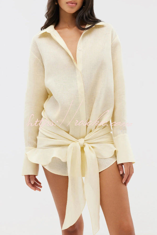 Solid Color Collared Long-sleeved Casual Shirt Style Lace Up Vacation Mini Dress