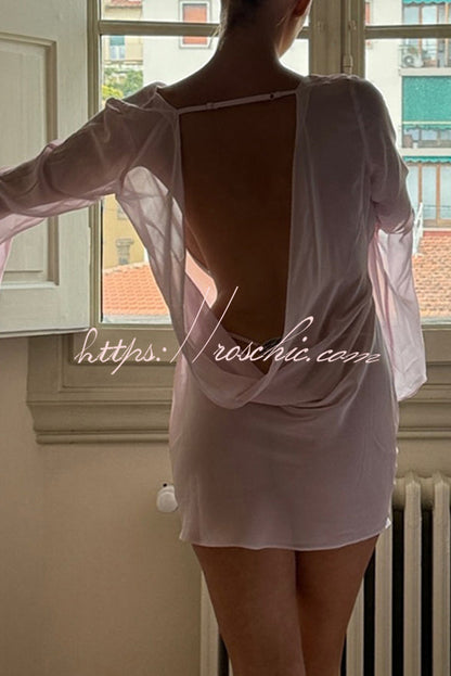 Solid Color See-through V-neck Long-sleeved Sexy Backless Mini Dress