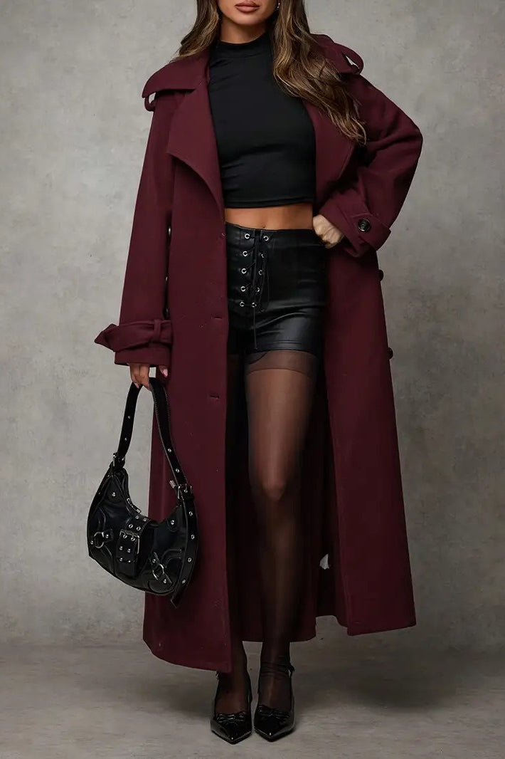 Wool Double Breasted Lapel Tie Long  Overcoat