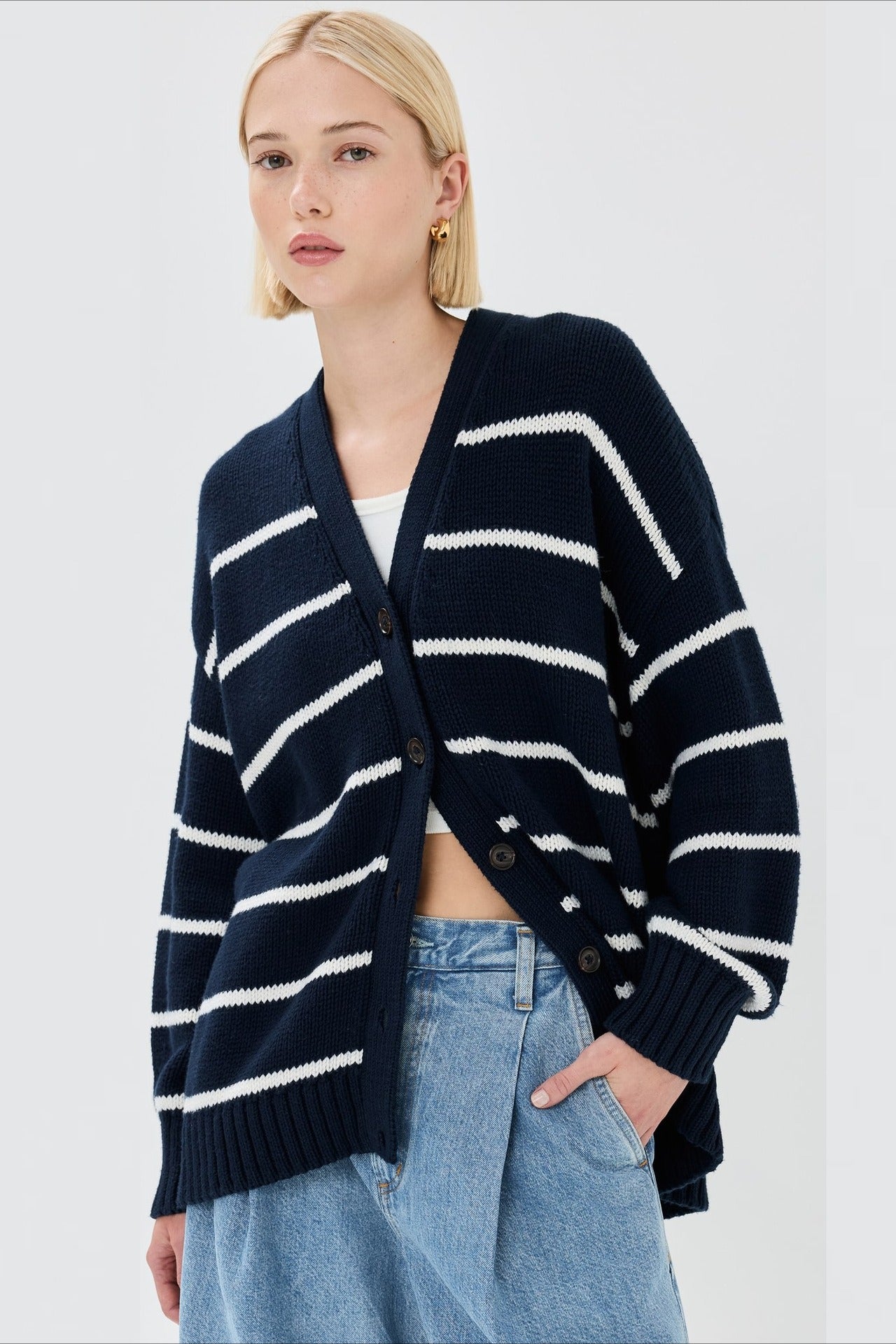 Cotton Stripe V Neck Cardigan