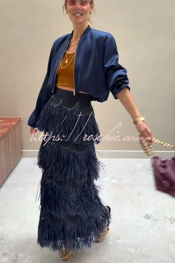 Freestyle Dance Steps Layered Tassels High Rise Back Zipper Slit Maxi Skirt