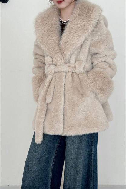 Faux Animal Fur Suede Mid-Length Notch Collar Tie Waist Coat