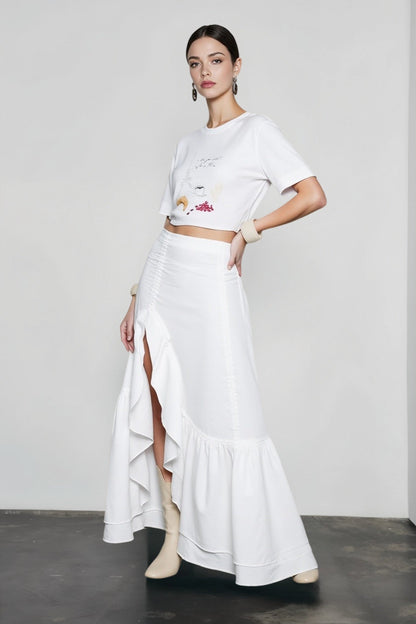 Cotton Asymmetric Slit Maxi Skirt