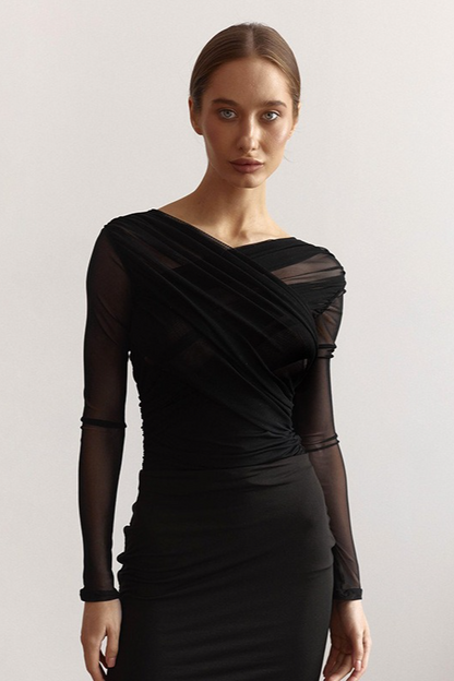 Solid Mesh Ruched  Long Sleeve Crop Top