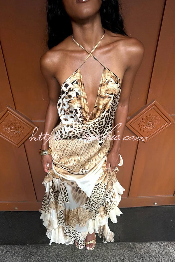 Coral Satin Leopard Print Halter Cowl Neck Exaggerated Ruffles Hem Maxi Dress