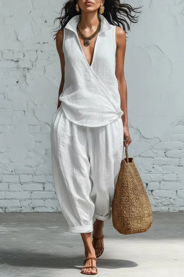 Linen Blend Collared Sleeveless Loose-fitting Top and Elastic Waist Pocket Casual Pants Set