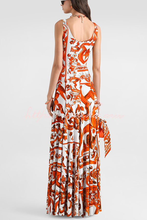 Arnell Contrast Color Artistic Floral Print Square Neck Pleated Hem Maxi Dress