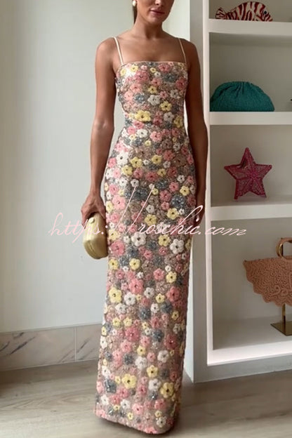 80's Inspired Floral Print Sequin Square Neck Slip Stretch Maxi Dress