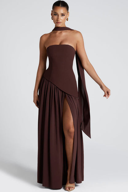 Vestido formal estilo bustier fluido con bloques de color y nudo