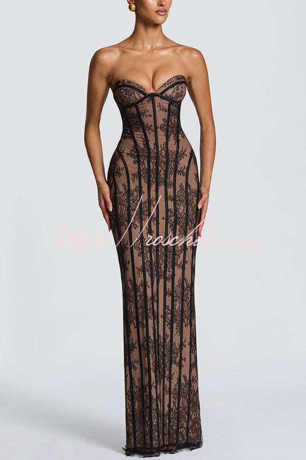 Sian Floral Lace Contrast Structural Detail Back Lace-up Strapless Slit Maxi Dress
