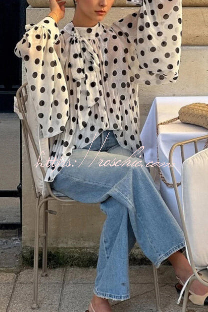 Polka Dot Print Tie-waist Lantern Sleeve Elegant Loose Shirt