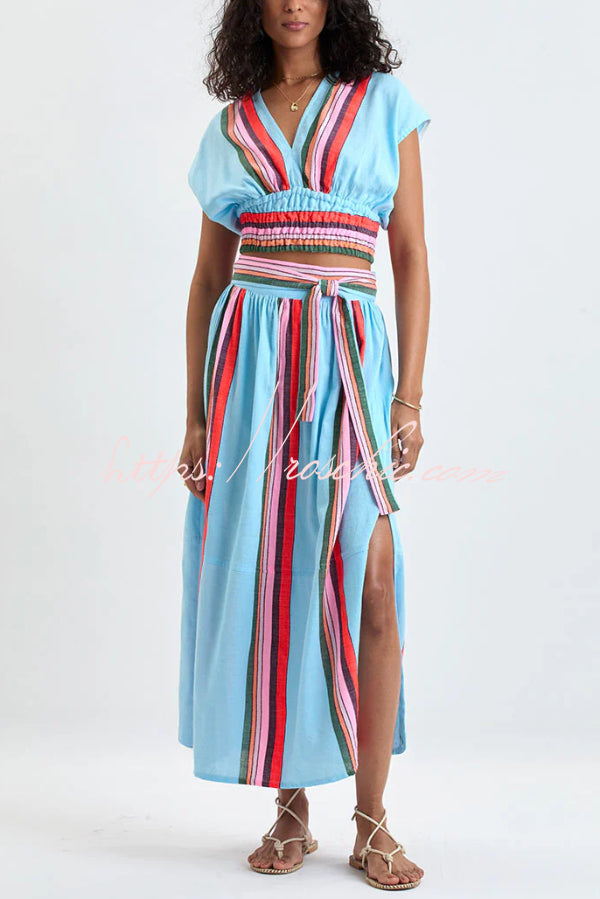 Stylish Striped Print V-neck Cropped Top and Elastic Waist Casual Maxi Skirt Set