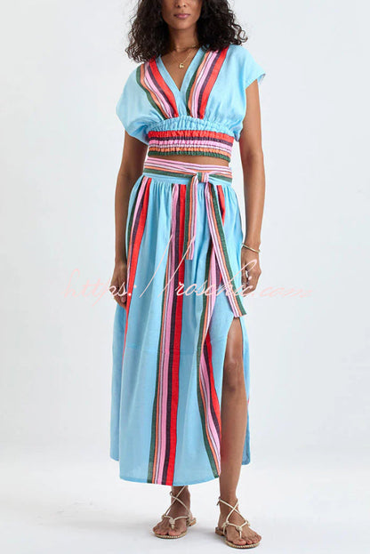Stylish Striped Print V-neck Cropped Top and Elastic Waist Casual Maxi Skirt Set