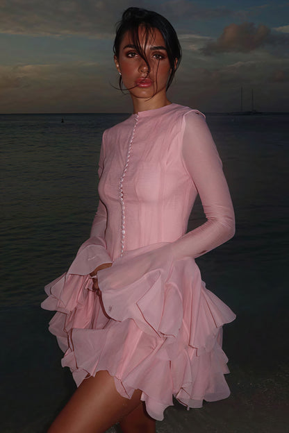 Minivestido Elegante con Volantes, Mangas Largas Abullonadas y Botones