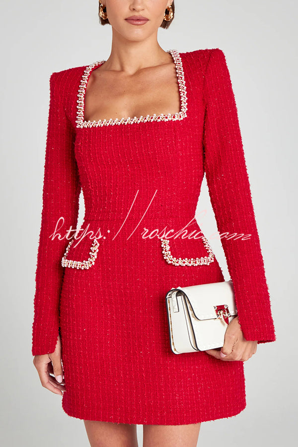 Girly and Glamorous Tweed Fabric Pearl Trim Long Slit Sleeve Pocketed Mini Dress (Shipped Within 24 Hours)