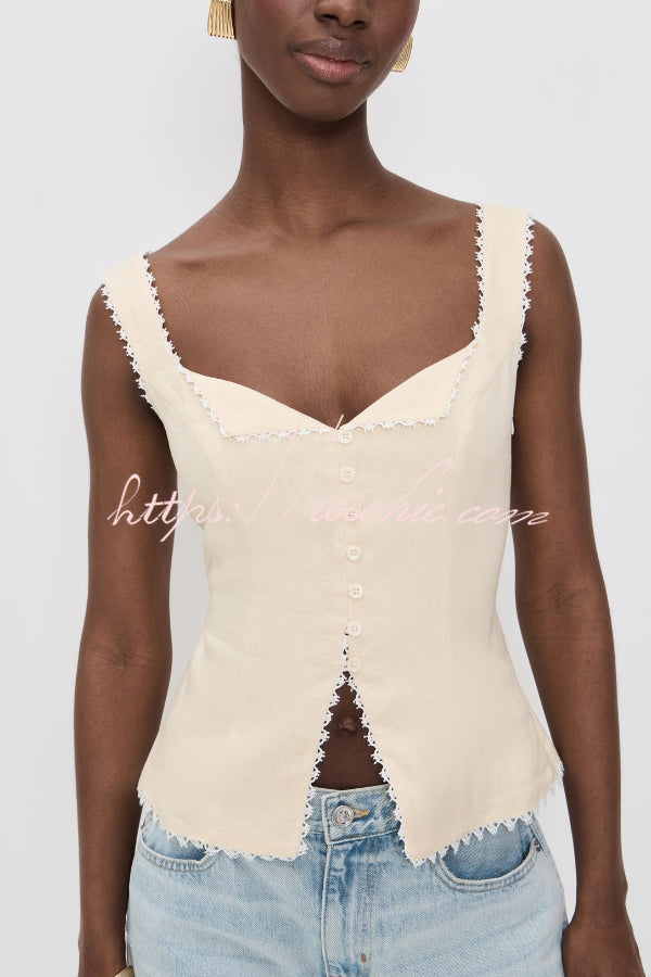 Fashionable Lace-trimmed V-neck Sleeveless Slim-fit Vest